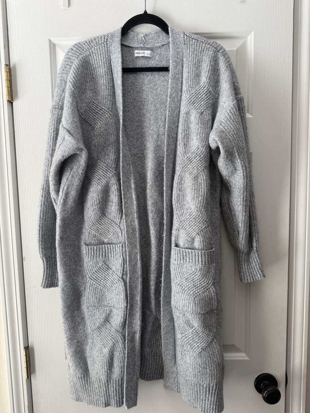 Nine West Cardigan Size L Gray Open Front Cable Knit Pocket Sweater